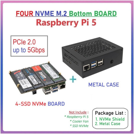 SUPTRONICS X1011 PCIe 2.0 to Quad M.2 NVMe 4 SSD Bottom Shield with METAL CASE for Raspberry Pi 5